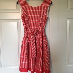 Red with White Fit and Flare Belted Dress